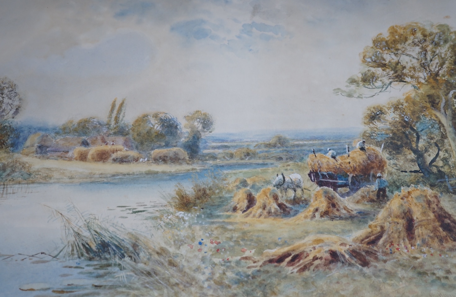 Henry John Kinnaird (fl.1880-1920), watercolour, Figures haymaking beside a river, signed, 35.5 x 50cm. Condition - fair, some discolouration and foxing